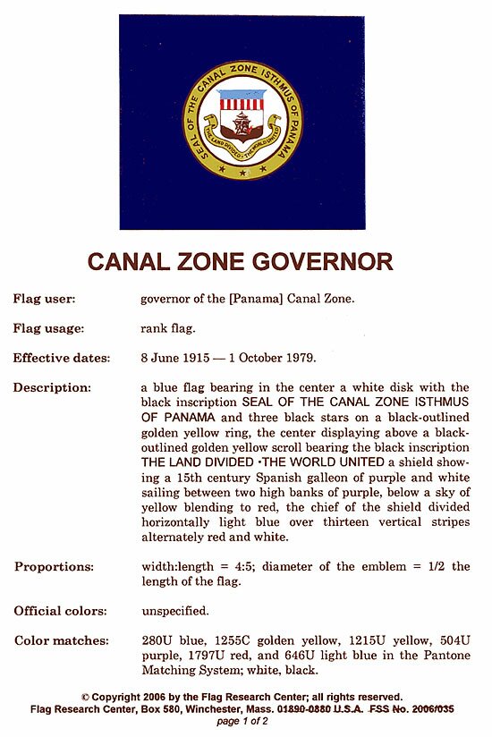 Specifications Sheets for the Canal Zone Governor Flag.